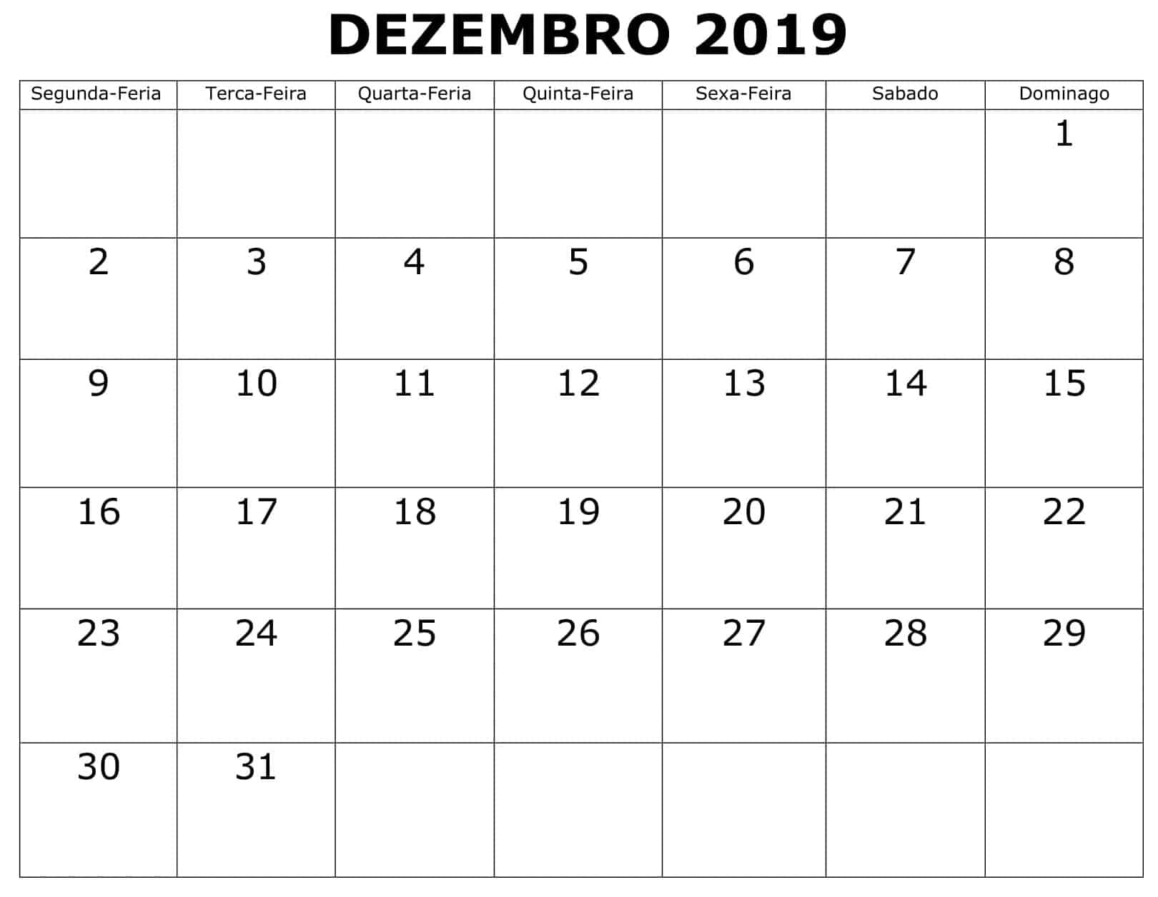 Calendário 2019 Dezembro