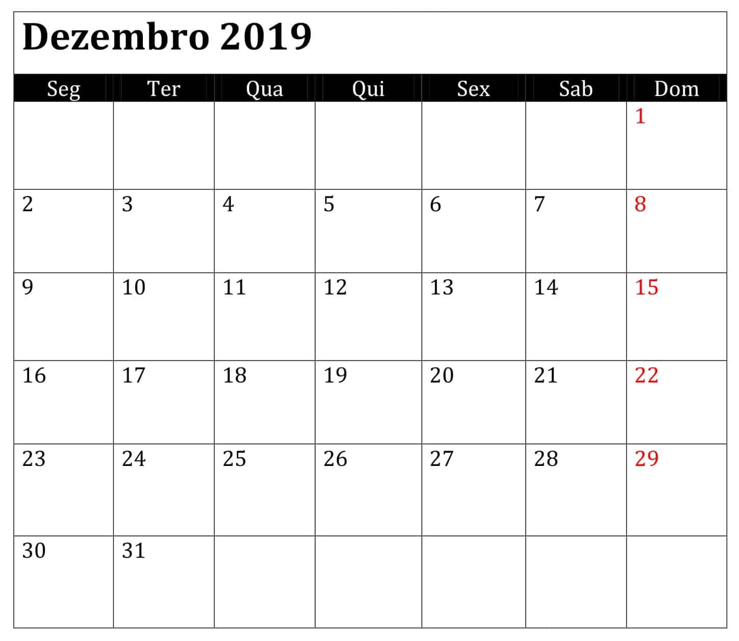 Calendário 2019 Dezembro 