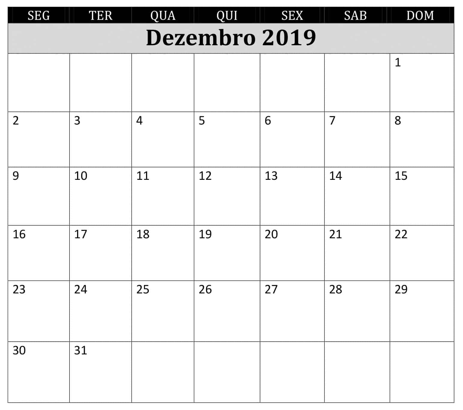 Calendário Dezembro 2019 Imprimir 