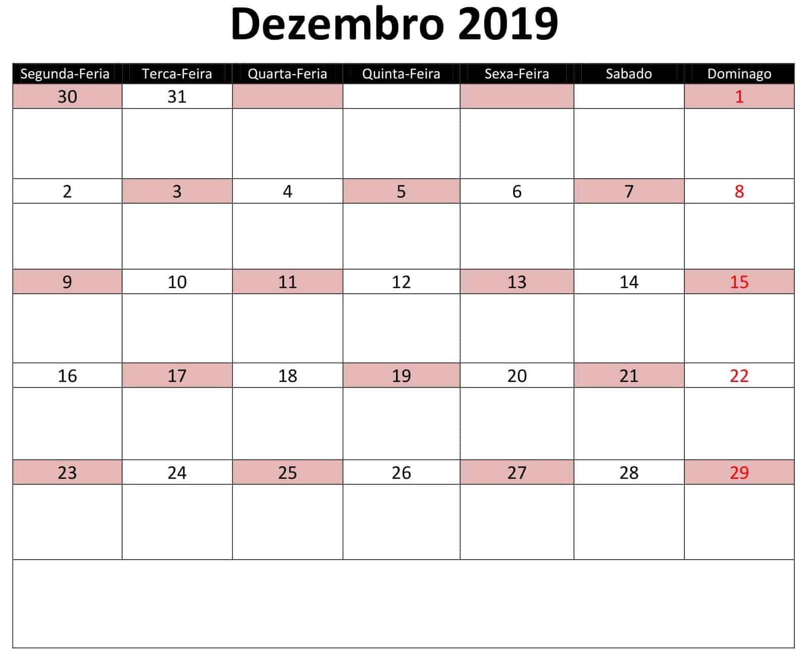 Calendário Dezembro 2019 Para Imprimir 