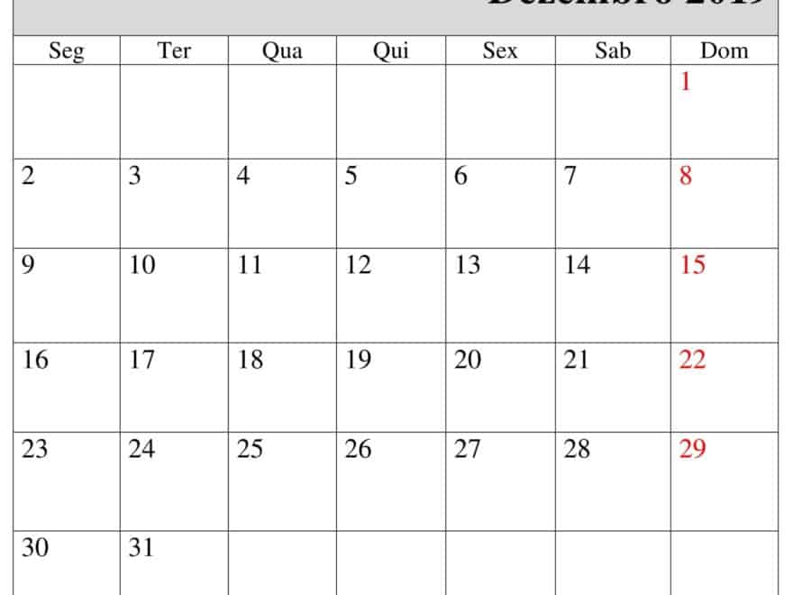 Calendário Dezembro 2019 Imprimir