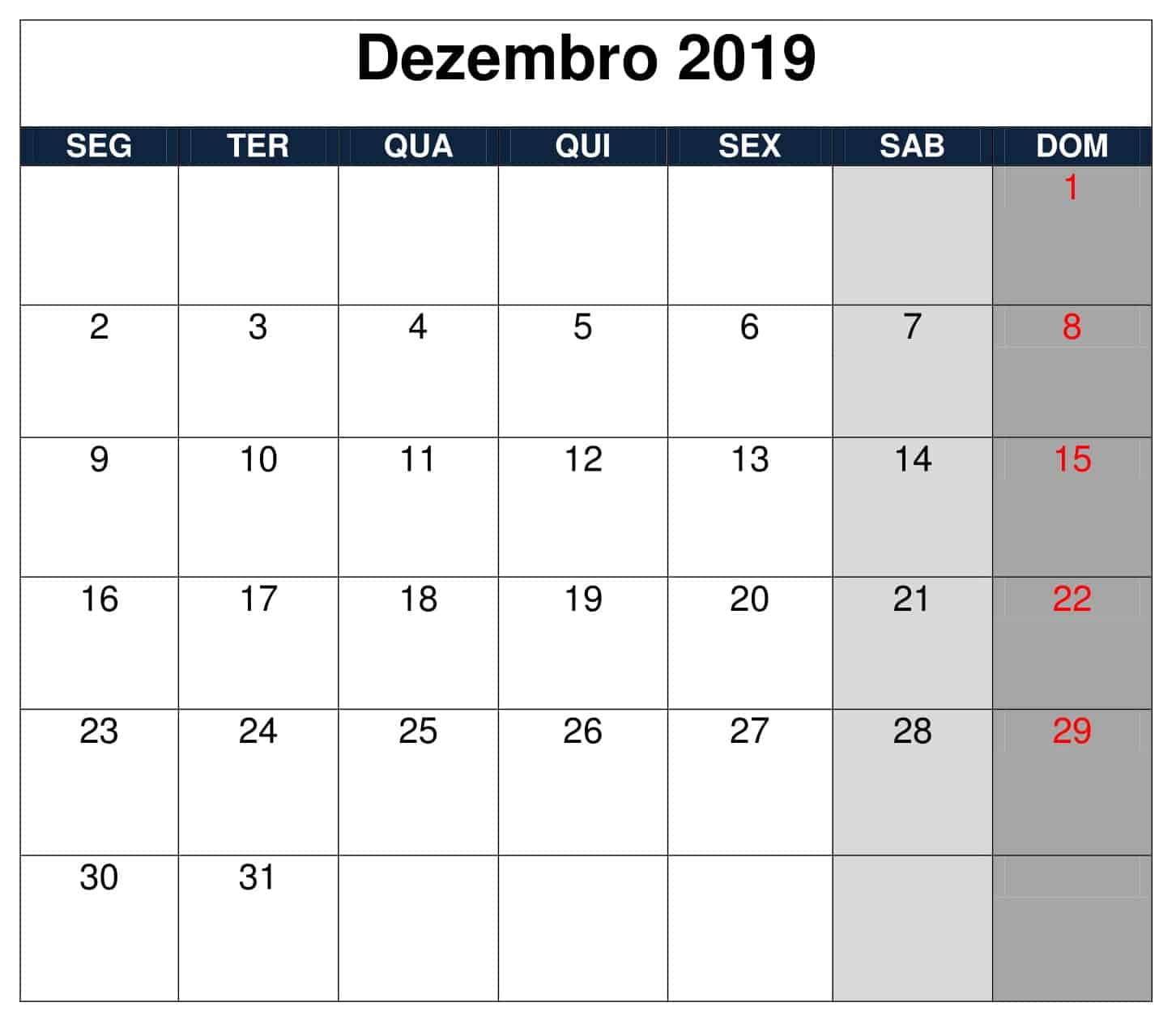 Calendário Dezembro 2019 Imprimir