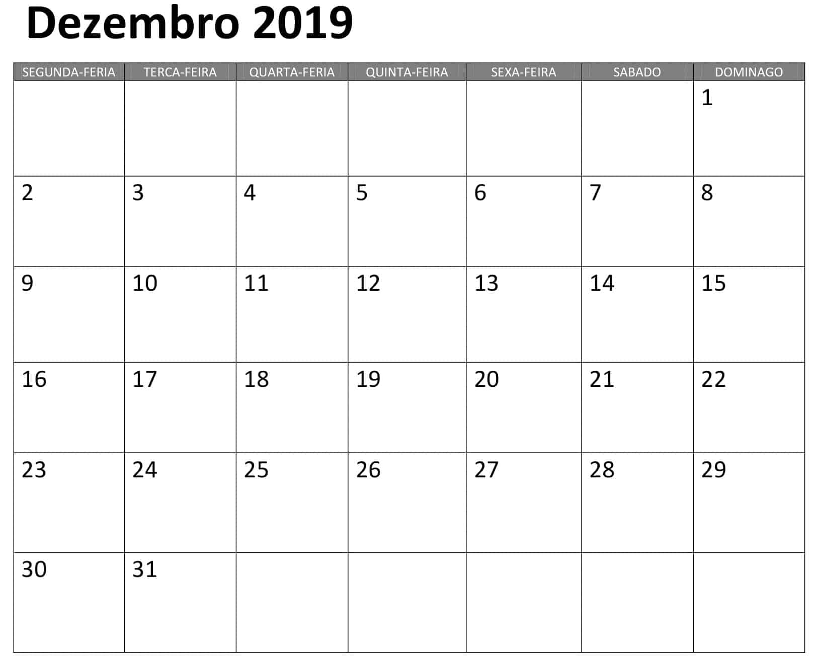 Calendário Dezembro 2019 Para Imprimir
