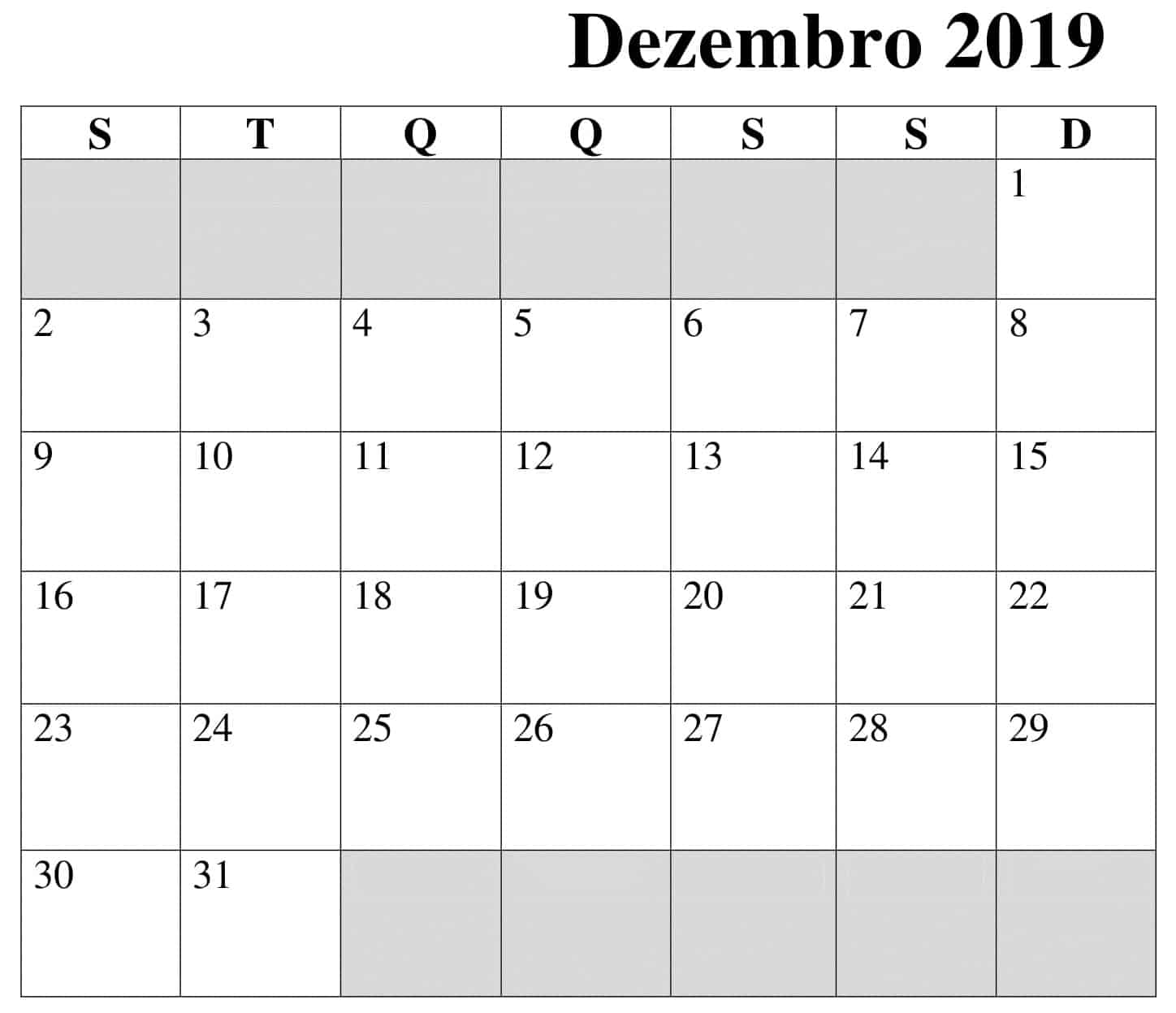 Calendário Dezembro 2019 Para Imprimir