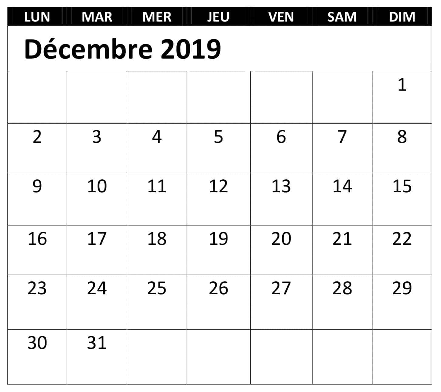 Décembre Calendrier 2019