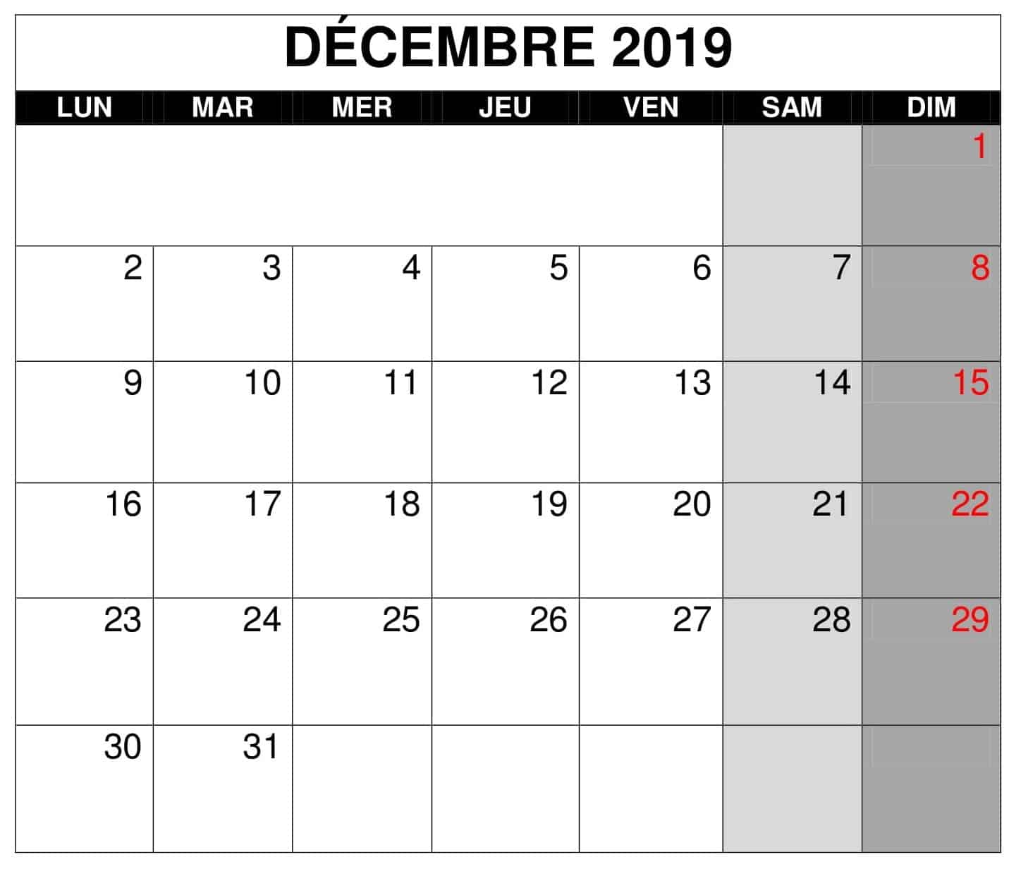 Décembre Calendrier 2019
