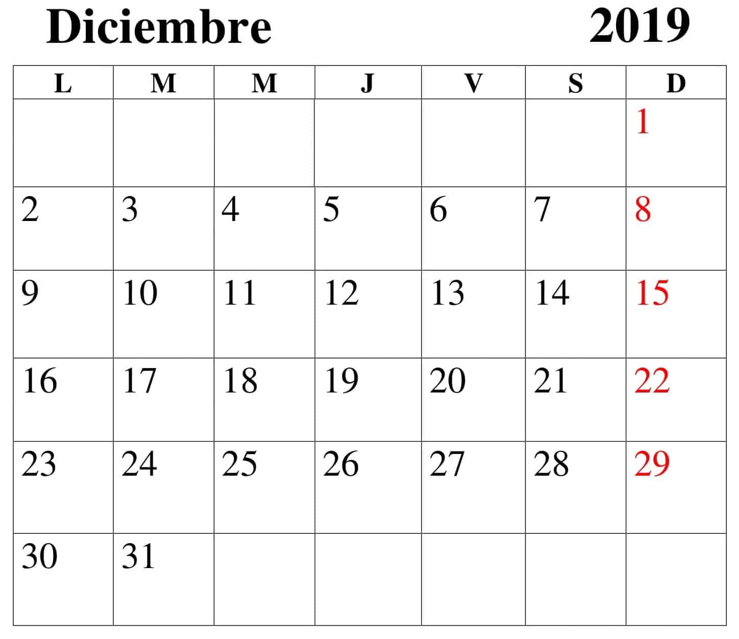 Calendario Diciembre 2019 Para Imprimir