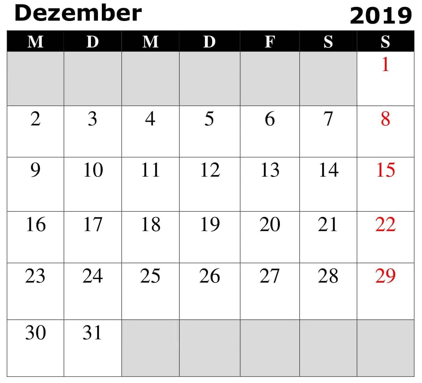 Kalender 2019 Dezember 