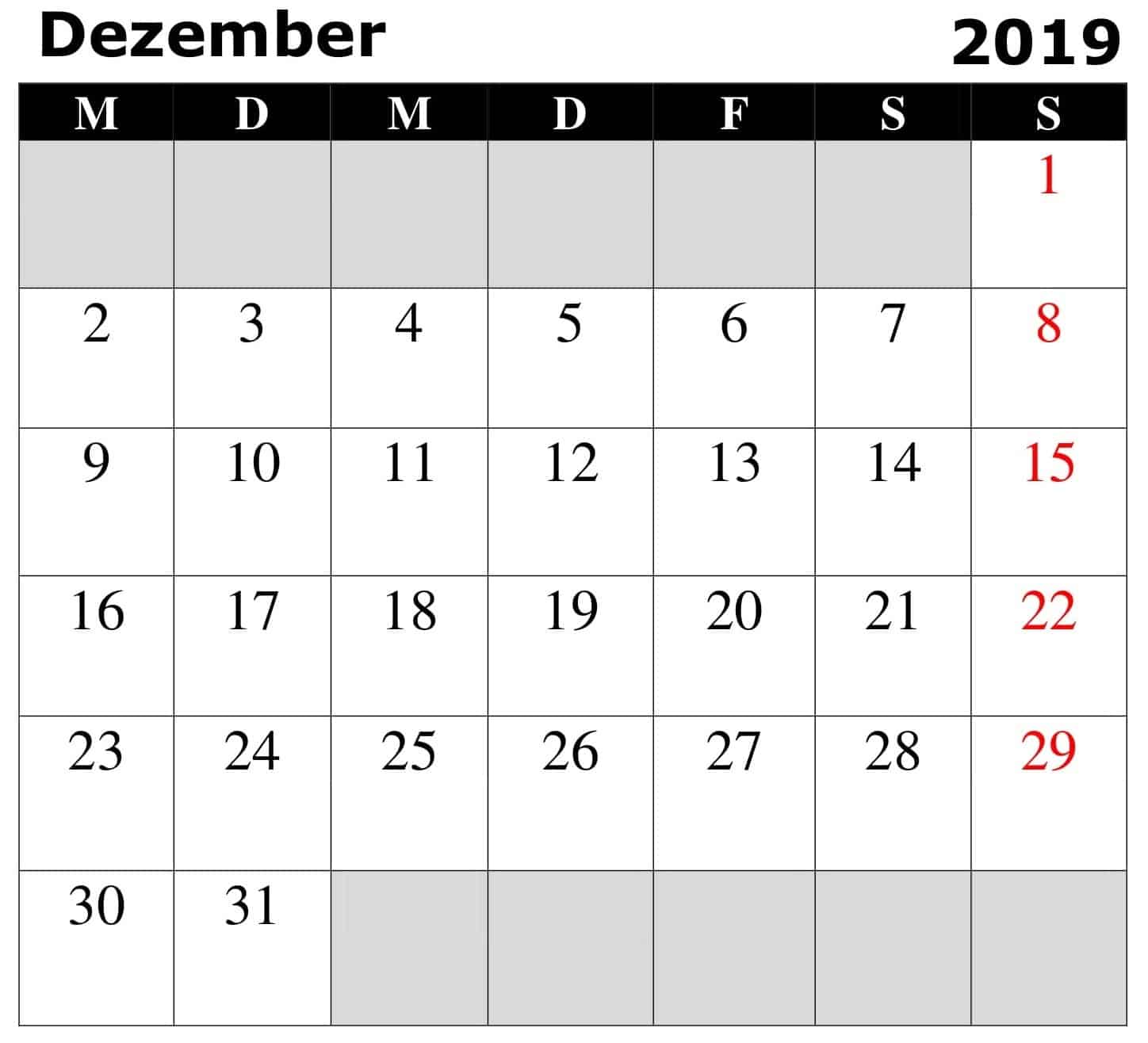 Kalender 2019 Dezember