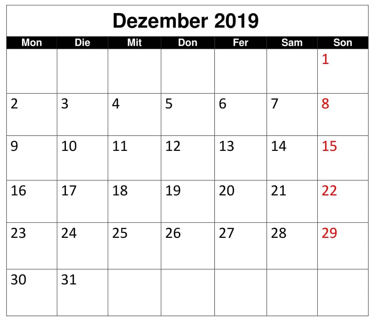 Kalender 2019 Dezember