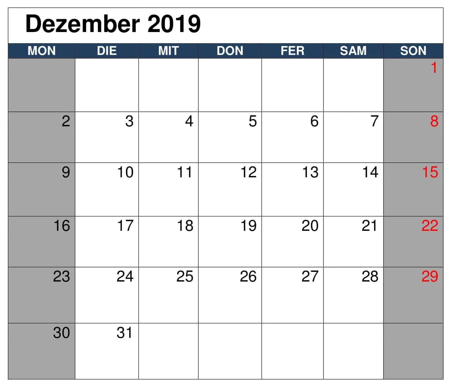 Kalender 2019 Dezember