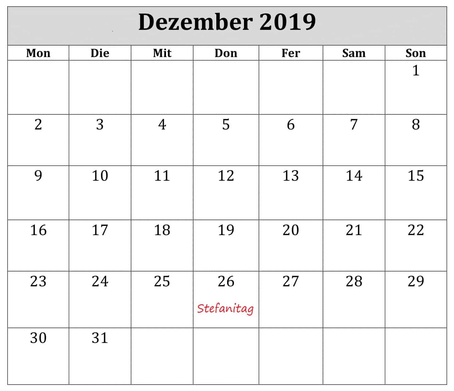 Kalender Dezember 2019 Mit Feiertagen 