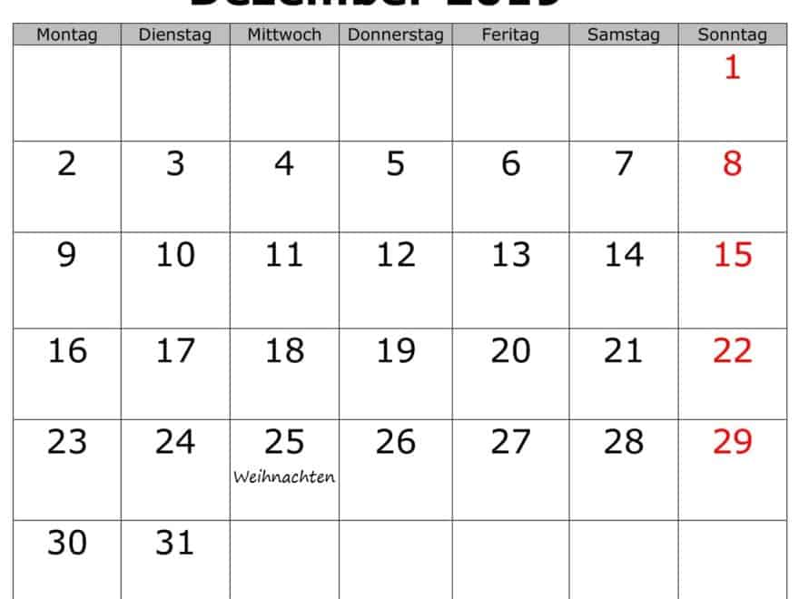 Kalender Dezember 2019 Mit Feiertagen