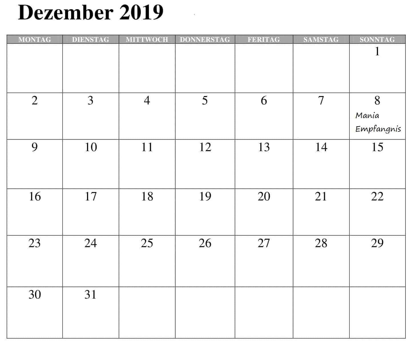 Kalender Dezember 2019 Mit Feiertagen 
