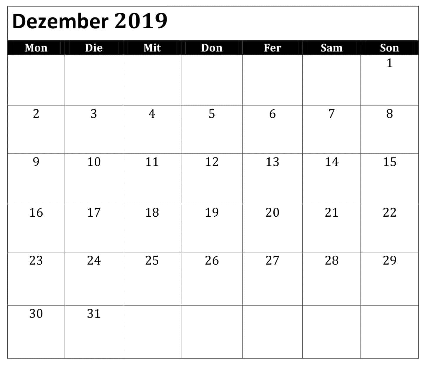 Kalender Dezember 2019 Zum Ausdrucken 