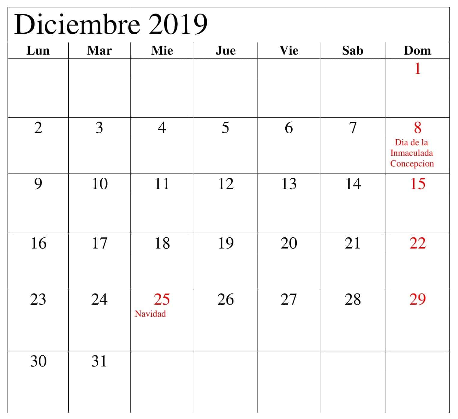 Calendario Diciembre 2019 Argentina