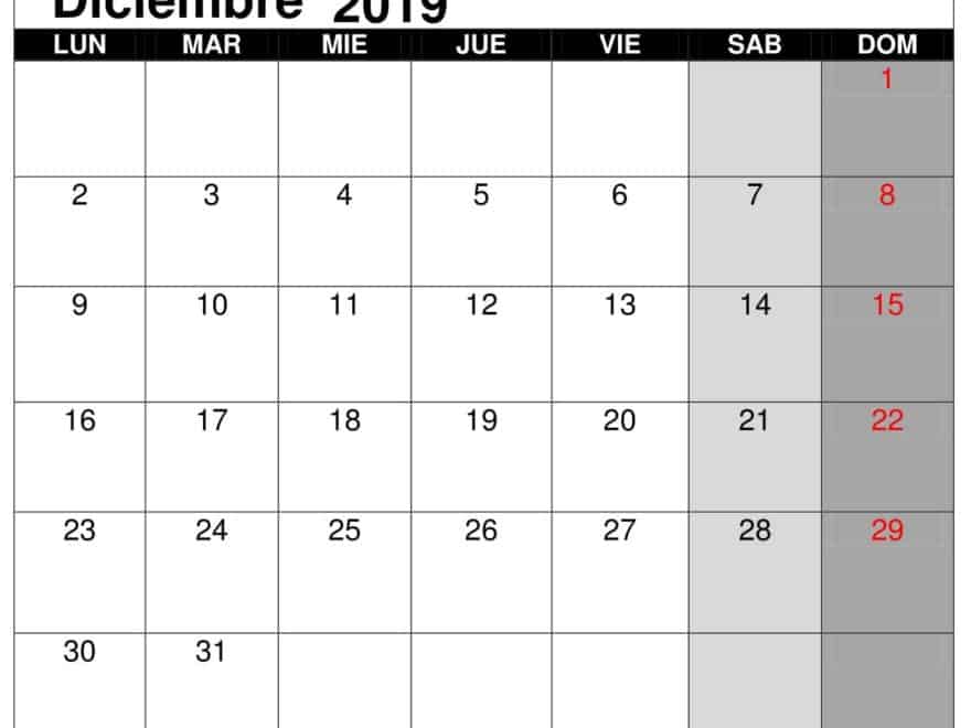 Calendario Diciembre 2019 Chile