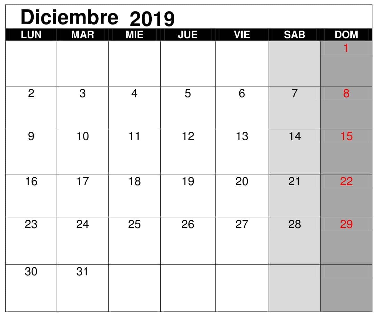  Calendario Diciembre 2019 Chile