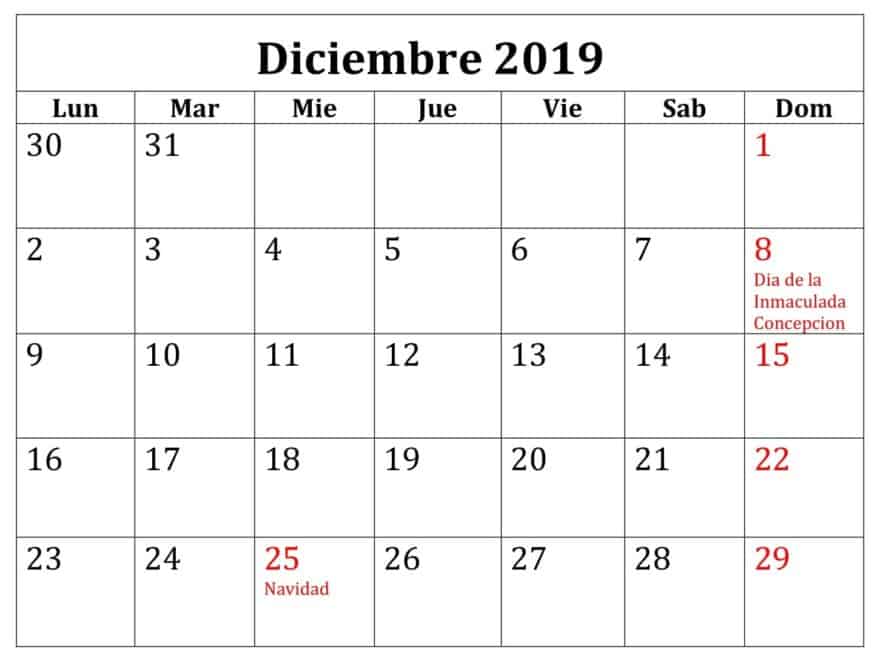 Calendario Diciembre 2019 Argentina