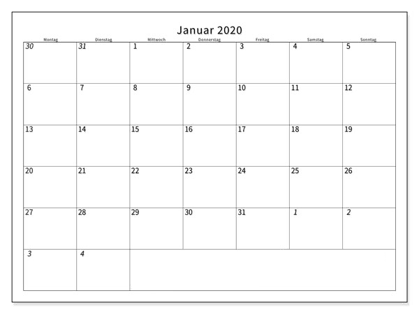 kalender januar 2020 zum ausdrucken