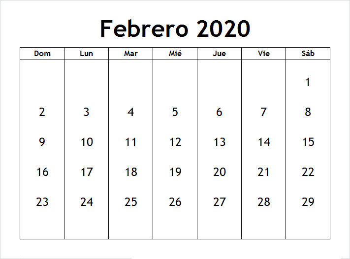 Calendario Febrero 2020 Para Imprimir