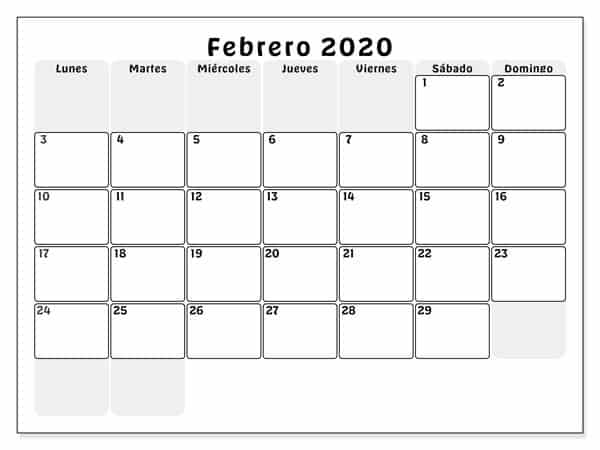 Calendario Febrero 2020 Para Imprimir