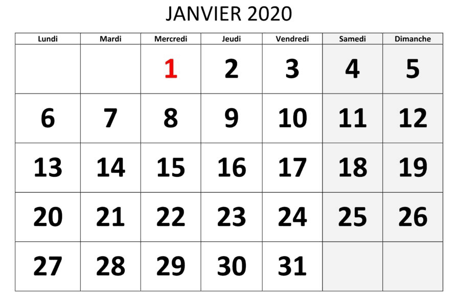 Calendrier Janvier 2020 Excel