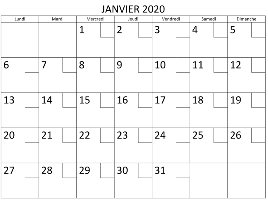 Calendrier Janvier 2020 PDF Word