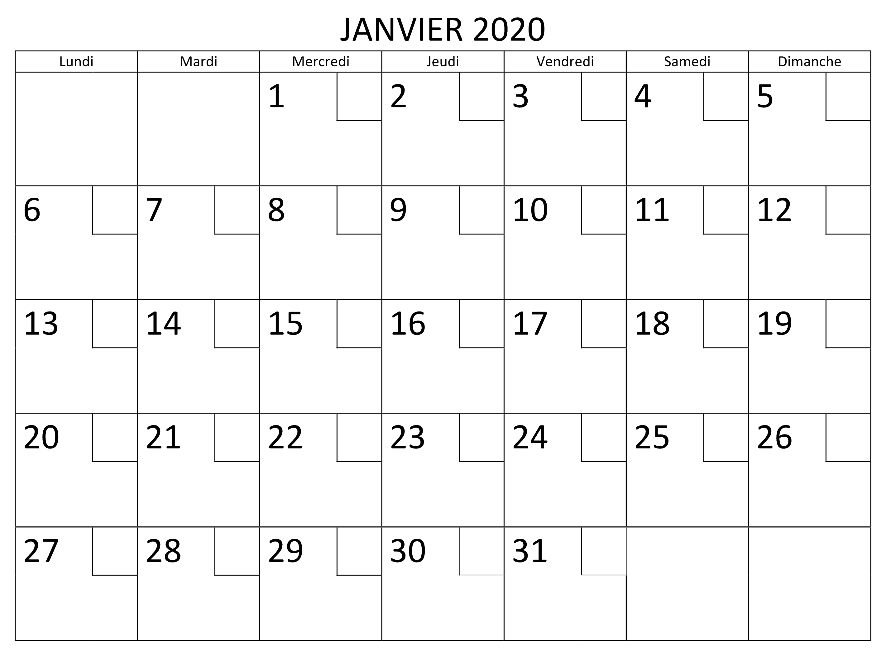 Calendrier Janvier 2020 PDF Word