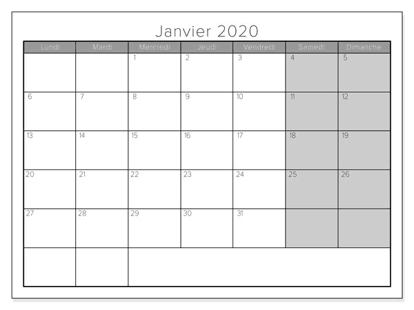 Calendrier Janvier 2020 À Imprimer Pdf, Excel,