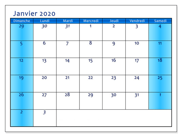 Calendrier Janvier 2020 À Imprimer Vacances