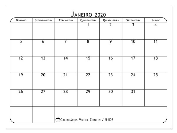 Calendário 2020 Janeiro mes