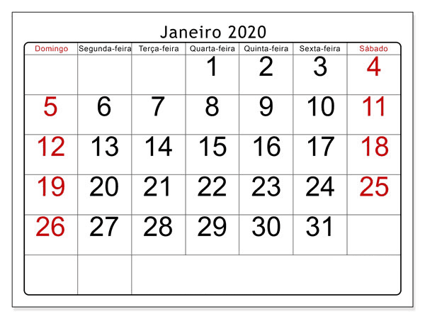 Calendário Janeiro 2019 Imprimir Mesa