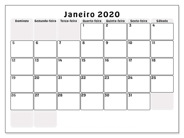 Calendário Janeiro 2020 Imprimir Feriados