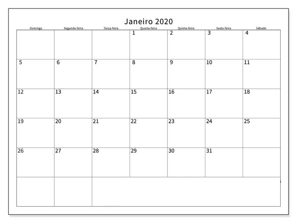 Calendário JaneiroImprimir 2020