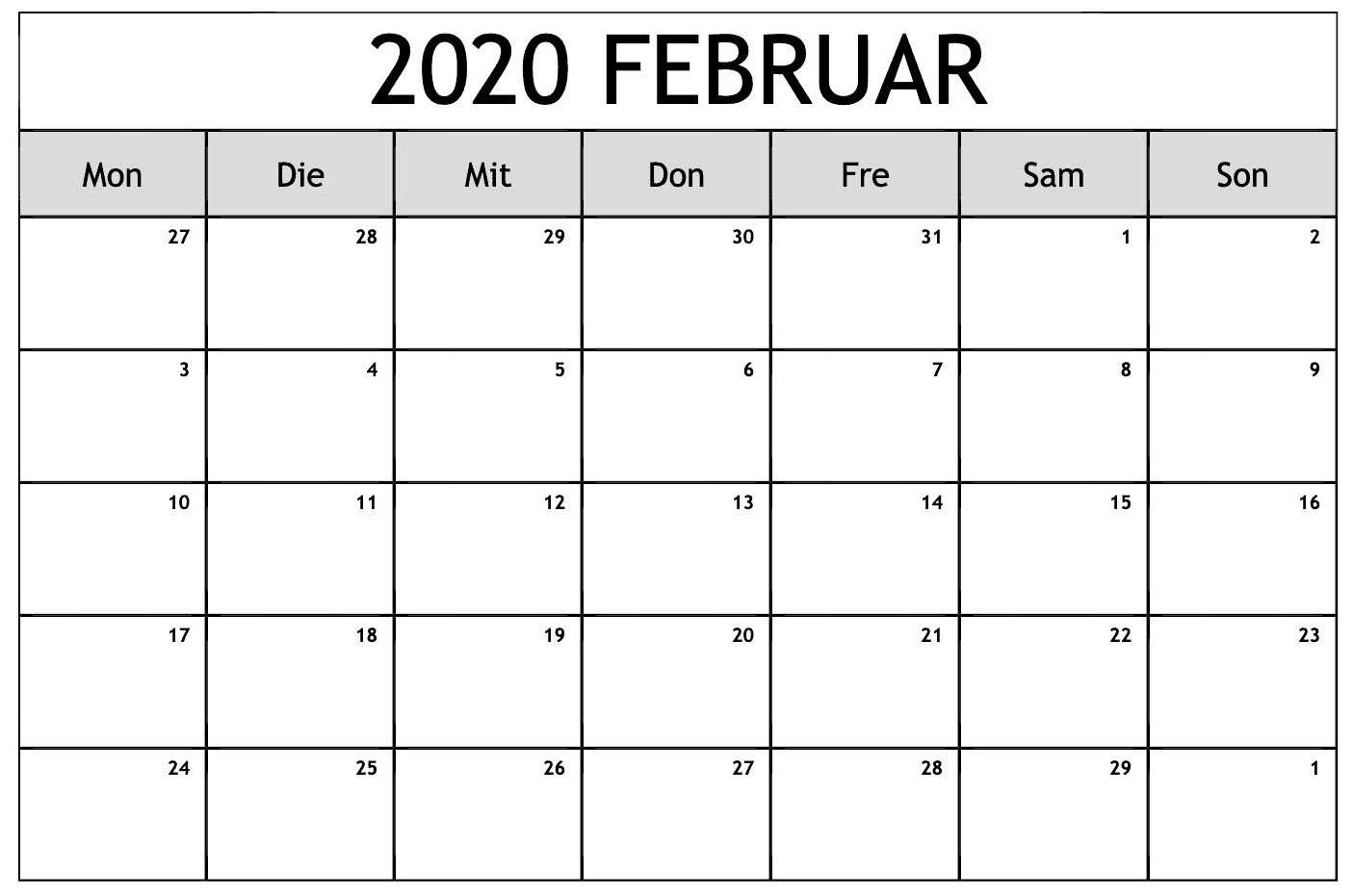 Februar 2020 Kalender