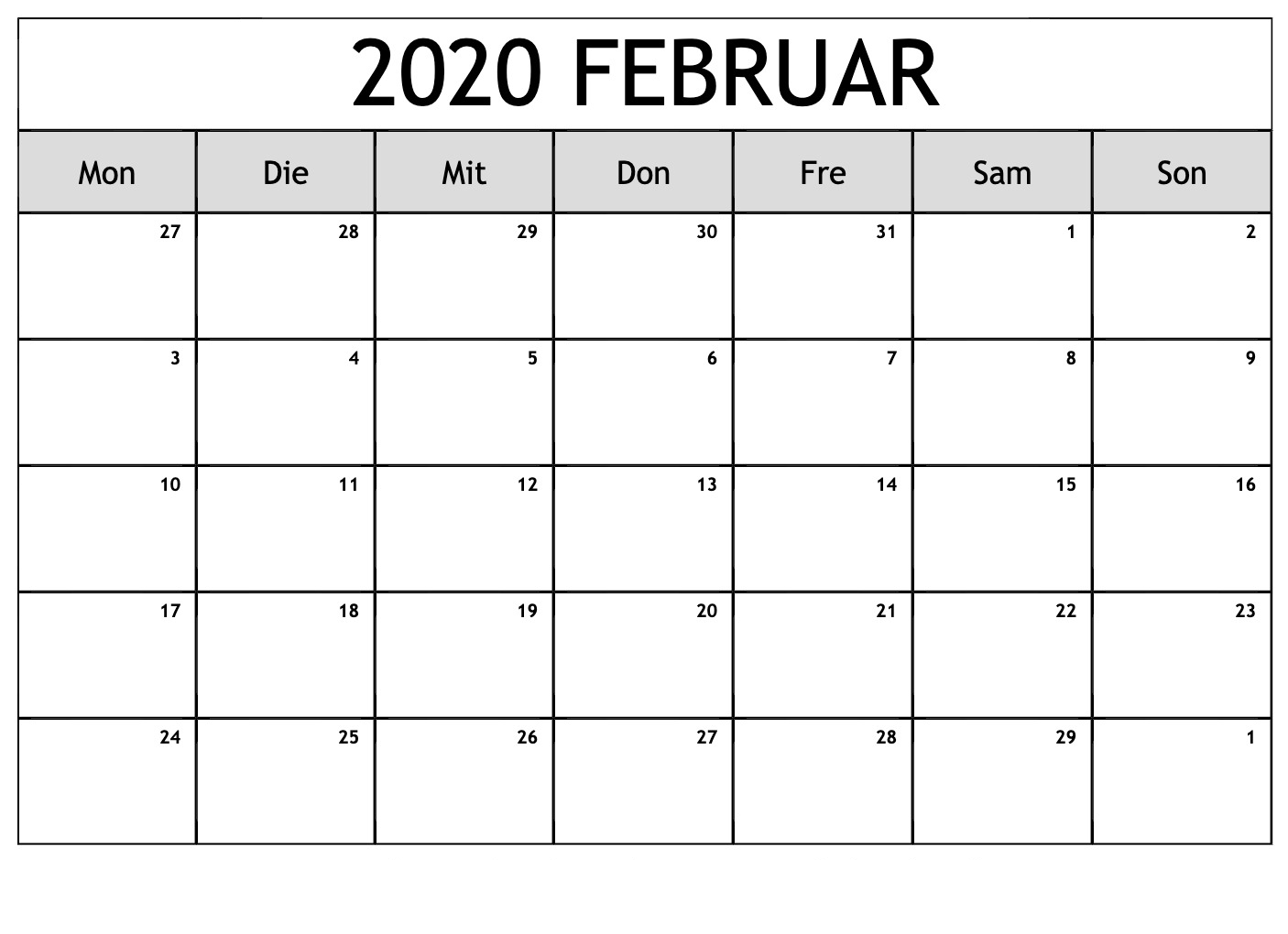 Februar 2020 Kalender