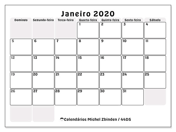 Feriados Calendário Janeiro 2020