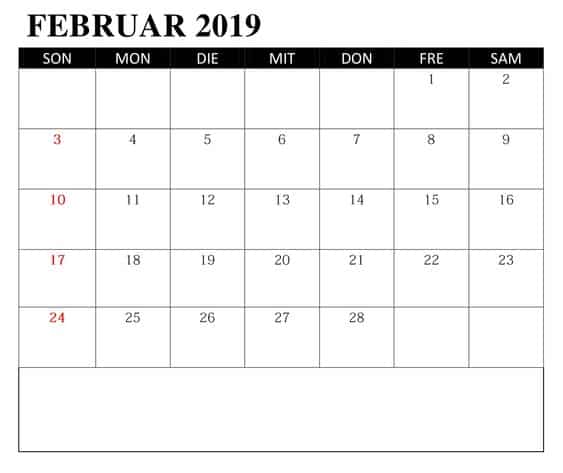 Kalender Leer Februar 2019 Mit Feiertagen