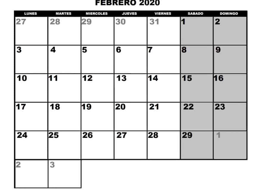 Modelo Calendario Febrero 2020 Chile