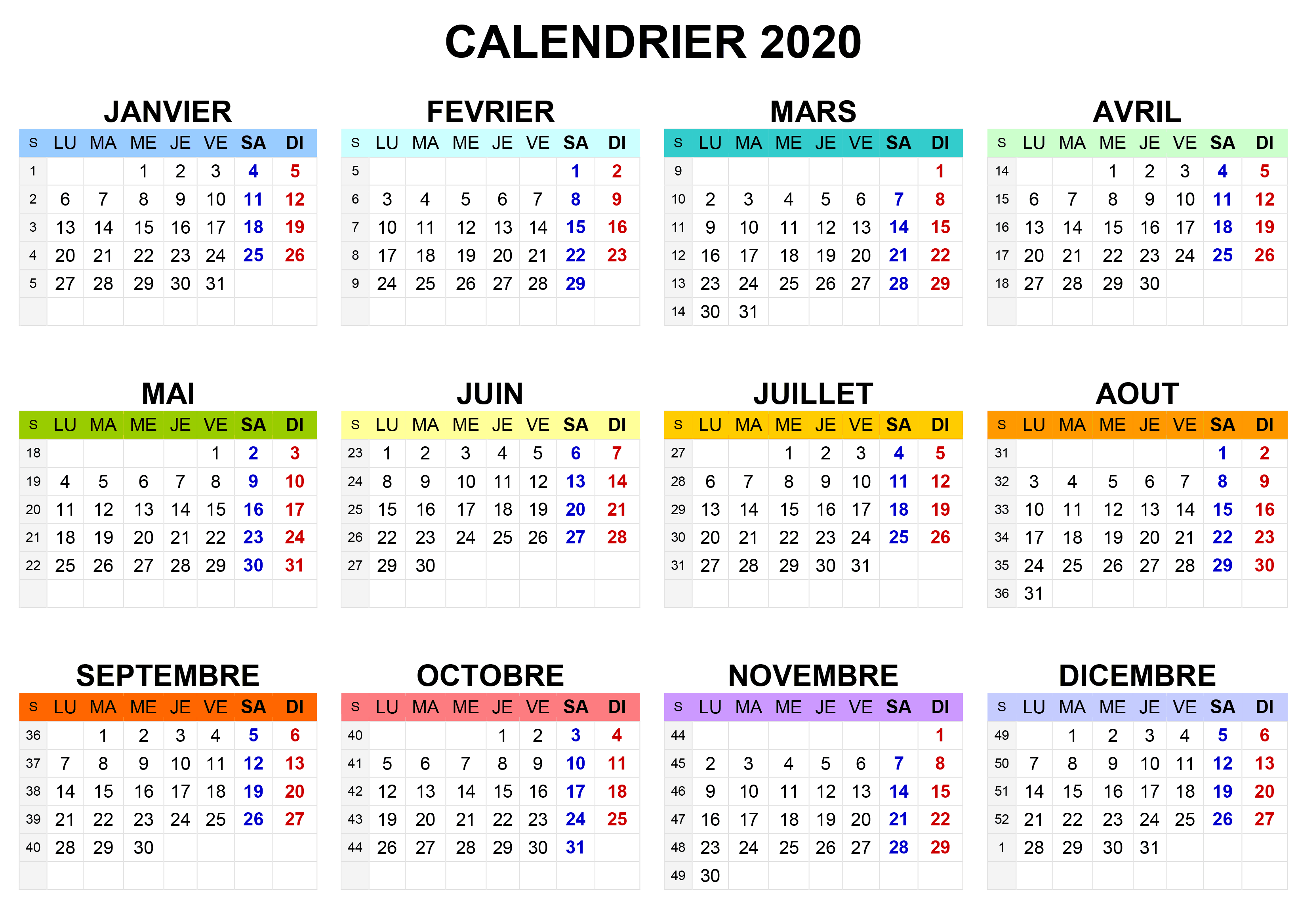 calendrier 2020 Couleur Hor
