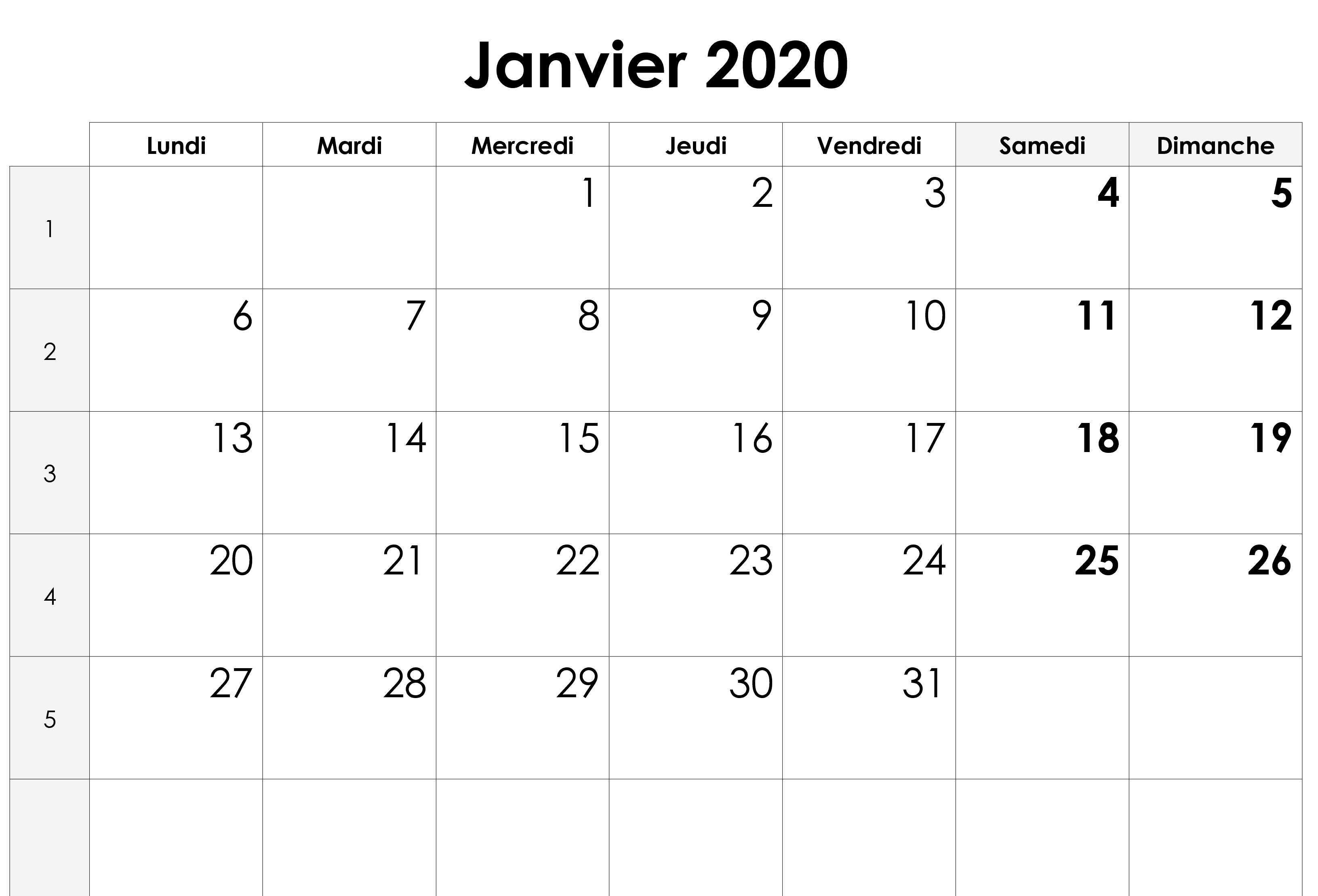 calendrier Janvier 2020 Hor