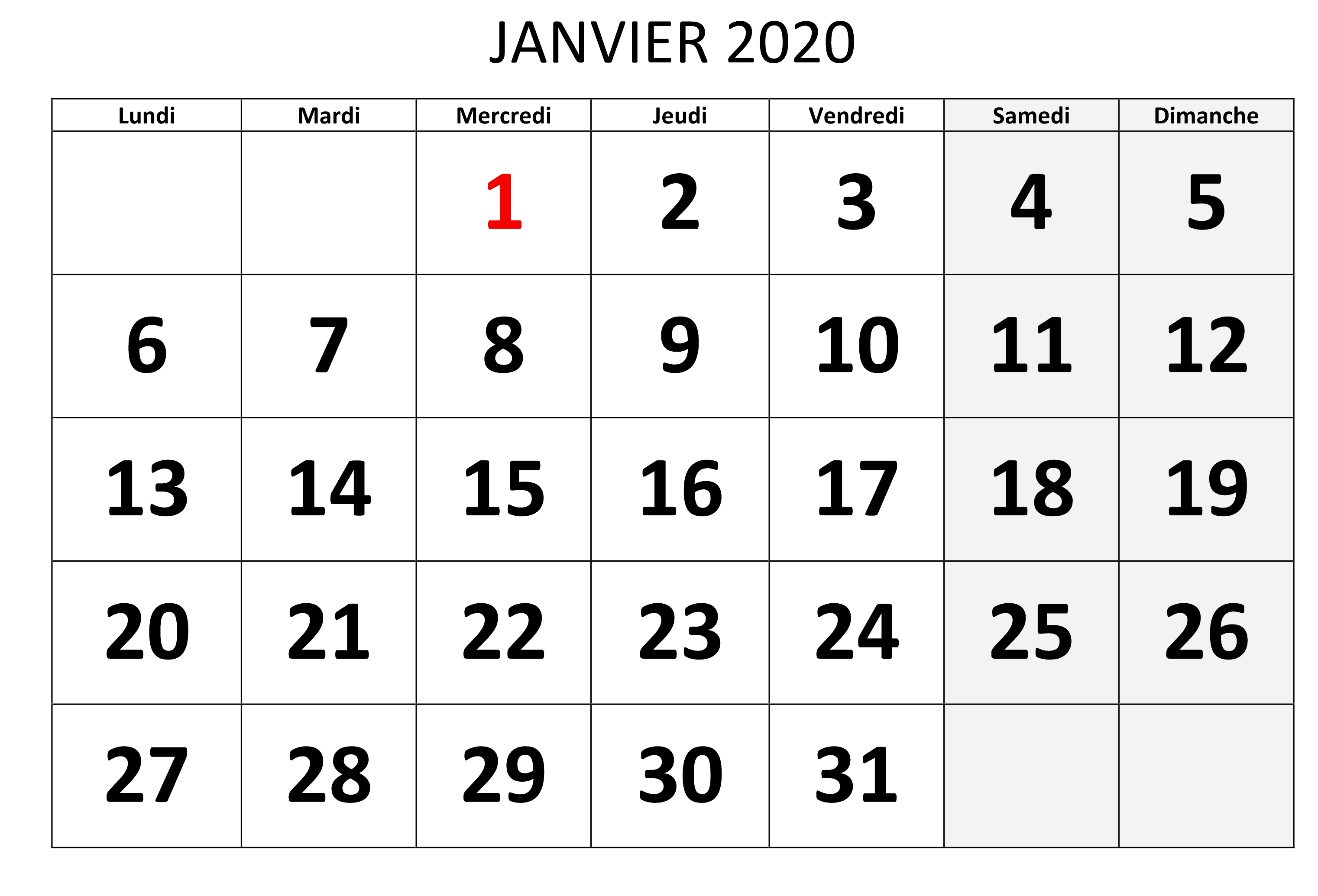 calendrier Janvier 2020 Modele