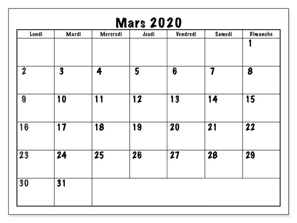 Blanc Calendrier Mars 2020