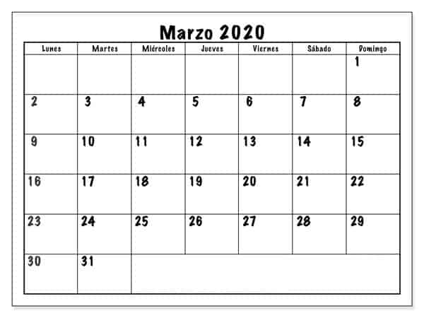 Calendario Marzo 2020 Argentina Mensual