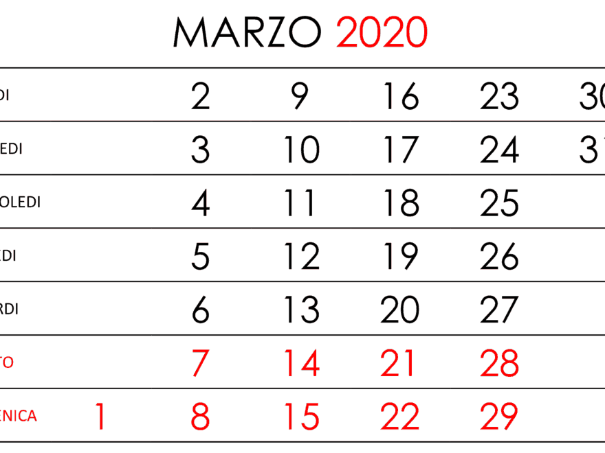 Calendario Marzo 2020 Giorni Verticali Hor