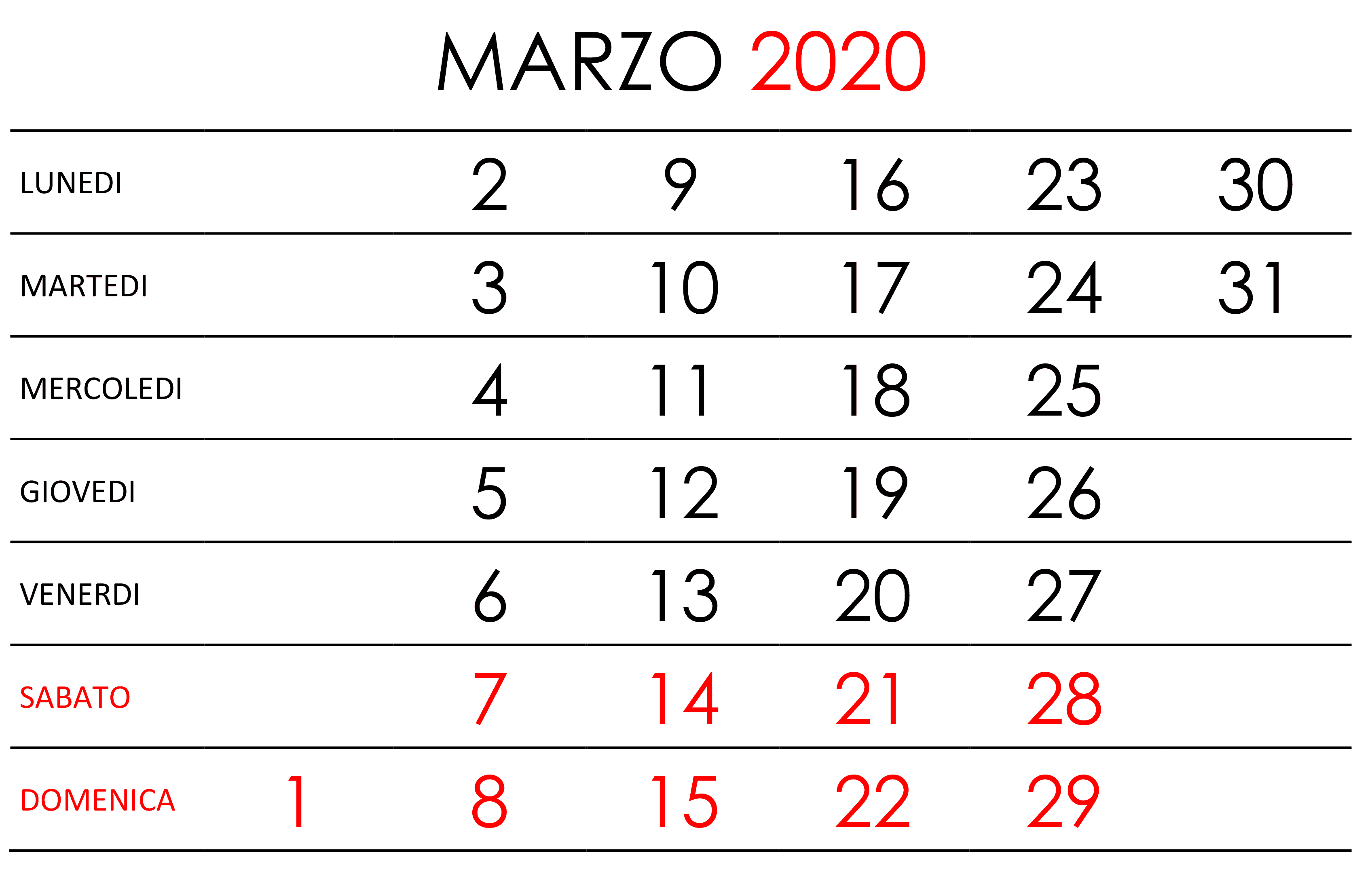 Calendario Marzo 2020 Giorni Verticali Hor