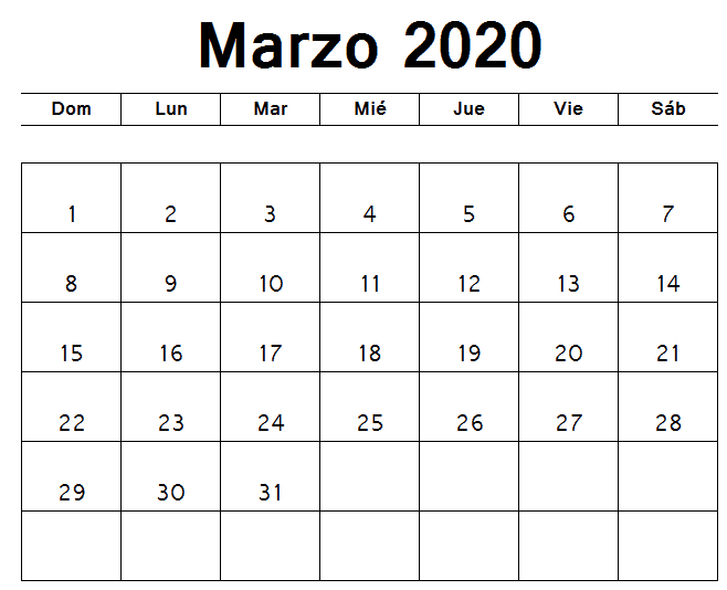 Calendario Marzo 2020 Para Imprimir Editable