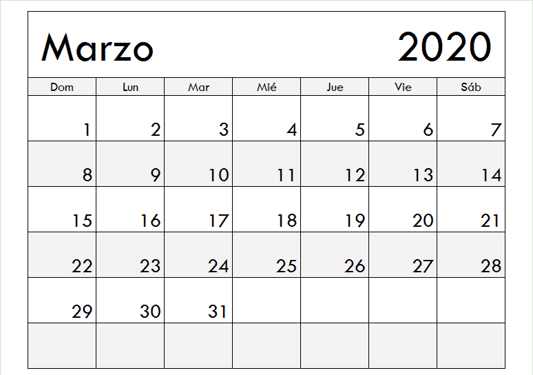 Calendario Marzo 2020 Para Imprimir PDF