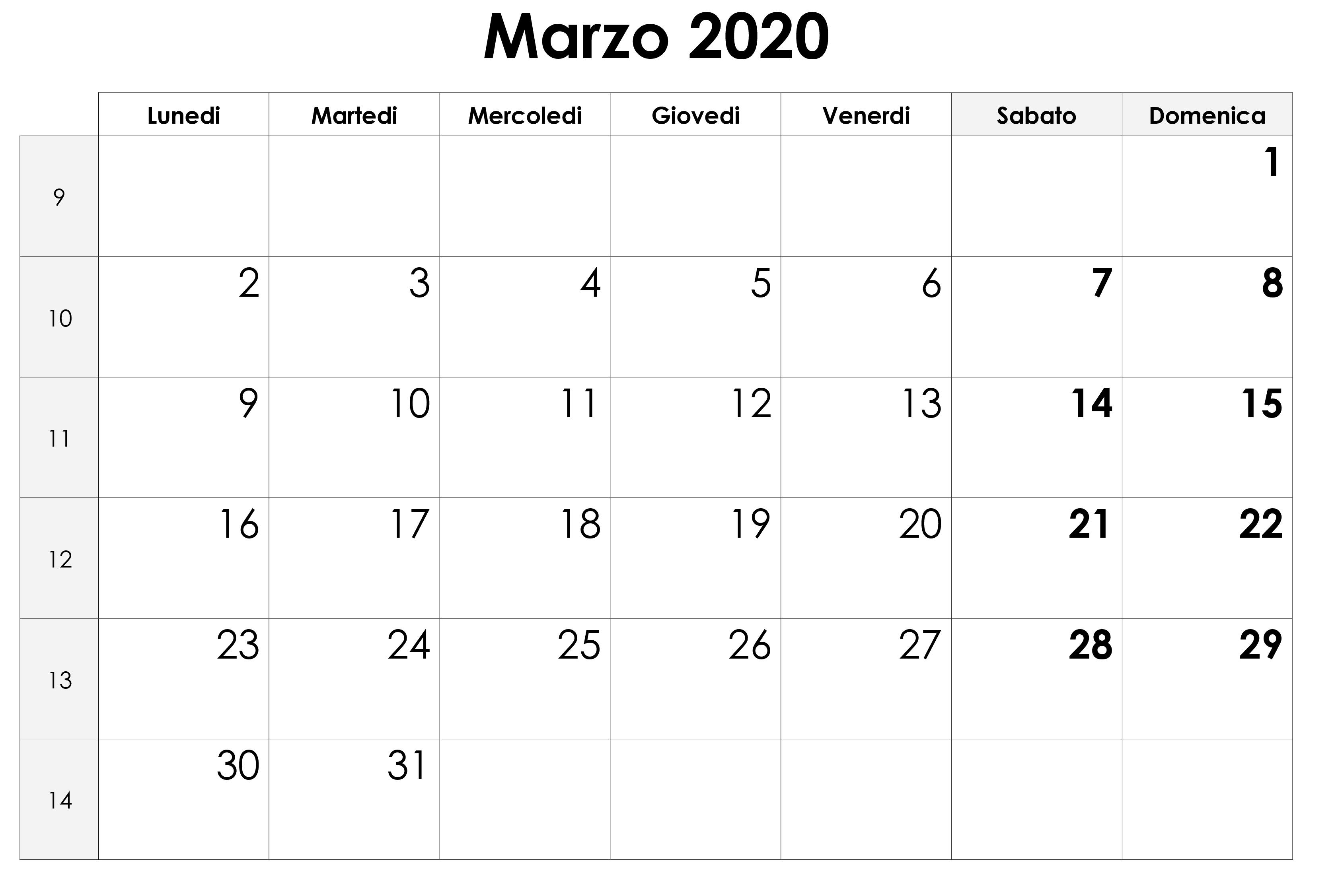 Calendario Marzo 2020 Vuoto hor